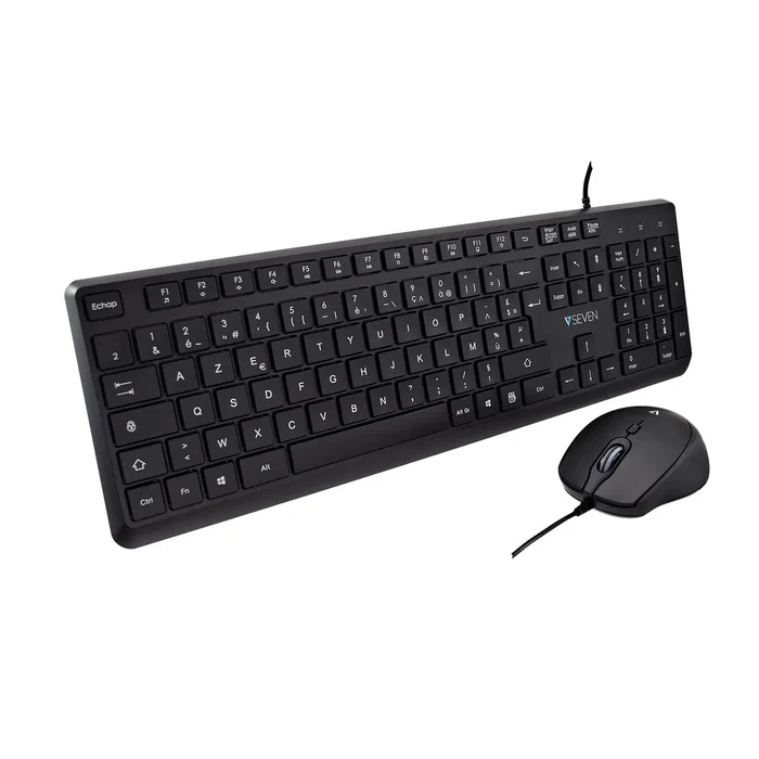 V7 CKU350ES Combo Teclado Español y Ratón USB, Teclado alámbrico perfil bajo silencioso 107 teclas con teclas F multimedia, Ratón óptico ambidiestro 2500 DPI - Negro