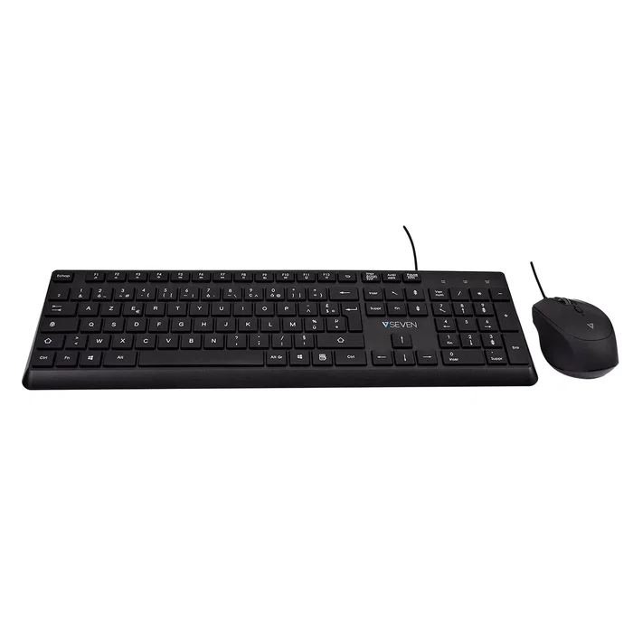 V7 CKU350ES Combo Teclado Español y Ratón USB, Teclado alámbrico perfil bajo silencioso 107 teclas con teclas F multimedia, Ratón óptico ambidiestro 2500 DPI - Negro