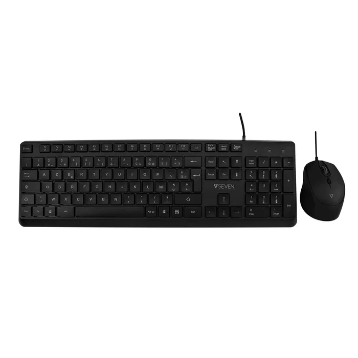 V7 CKU350ES Combo Teclado Español y Ratón USB, Teclado alámbrico perfil bajo silencioso 107 teclas con teclas F multimedia, Ratón óptico ambidiestro 2500 DPI - Negro