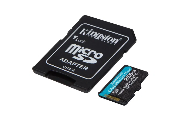 Kingston Canvas Go! Plus MicroSDXC 256GB UHS-I U3 V30 A2 Clase 10, Lectura 200MB/s para 4K, Juegos Móviles, Drones y Cámaras, con Adaptador SD