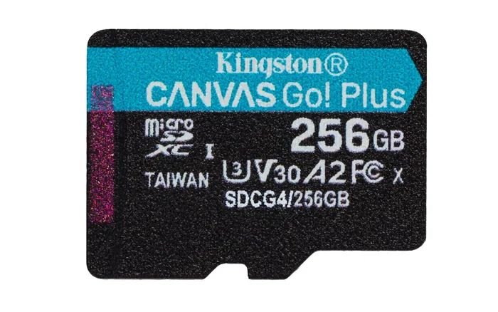Kingston Canvas Go! Plus MicroSDXC 256GB UHS-I U3 V30 A2 Clase 10, Lectura 200MB/s para 4K, Juegos Móviles, Drones y Cámaras, con Adaptador SD