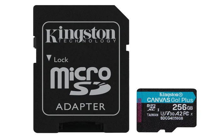 Kingston Canvas Go! Plus MicroSDXC 256GB UHS-I U3 V30 A2 Clase 10, Lectura 200MB/s para 4K, Juegos Móviles, Drones y Cámaras, con Adaptador SD