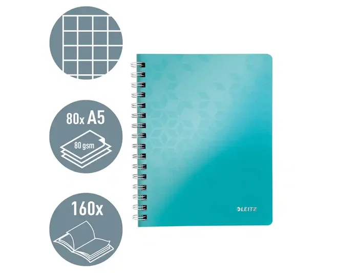 Leitz Wow Cuaderno espiral wiro tapa polipropileno Din A5 80 hojas cuadro 5 mm turquesa Leitz Wow Cuaderno espiral wiro tapa polipropileno Din A5 80 hojas cuadro 5 mm turquesa