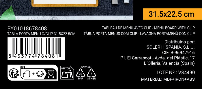 Inde Tabla Porta Menú con Clip 31.5 cm x 22.5 cm (24 Unidades)