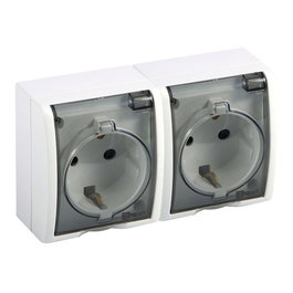 Simon Base doble de superficie schuko 2p+t Aquarius blanco con tapa transparente
