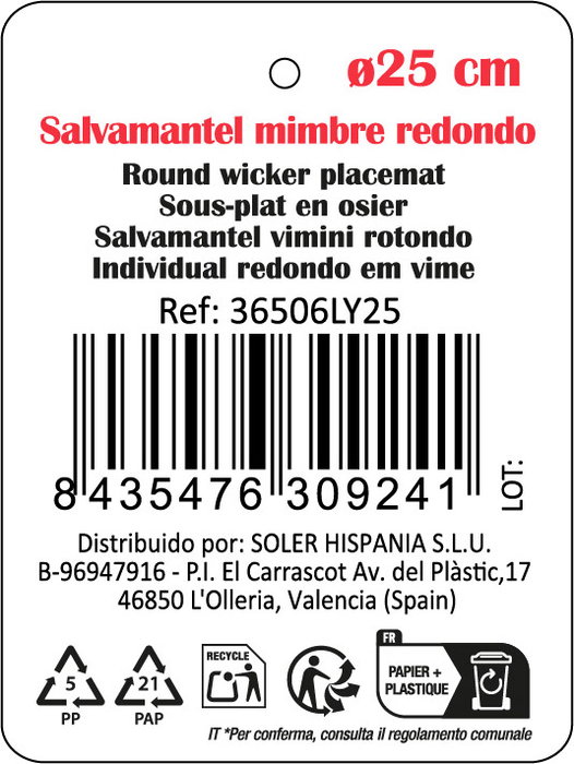 Inde Salvamantel de Mimbre Redondo Ø 25 cm con Asas Privilege (12 Unidades) Inde Salvamantel de Mimbre Redondo Ø 25 cm con Asas Privilege (12 Unidades)