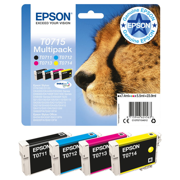 Epson Multipack T0715 DURABrite Ultra (Negro, Cian, Magenta, Amarillo) de rendimiento estándar Epson Multipack T0715 DURABrite Ultra (Negro, Cian, Magenta, Amarillo) de rendimiento estándar