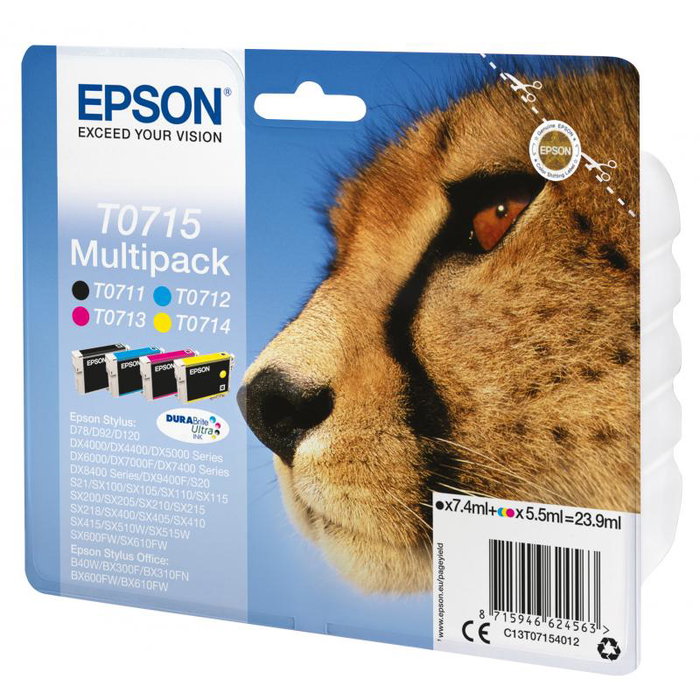 Epson Multipack T0715 DURABrite Ultra (Negro, Cian, Magenta, Amarillo) de rendimiento estándar Epson Multipack T0715 DURABrite Ultra (Negro, Cian, Magenta, Amarillo) de rendimiento estándar