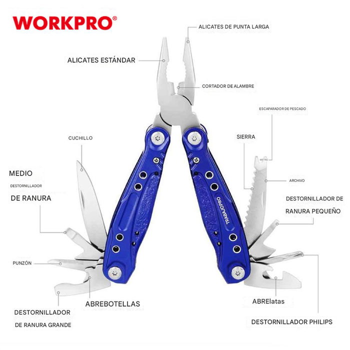 Workpro Multiherramienta 15 en 1 Azul Acero Inoxidable y Aluminio