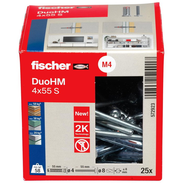 Fischer DuoHM Tacos de Expansión 4x55 mm con Tornillos 8x55 mm, 25 uds. (Placa de Yeso)