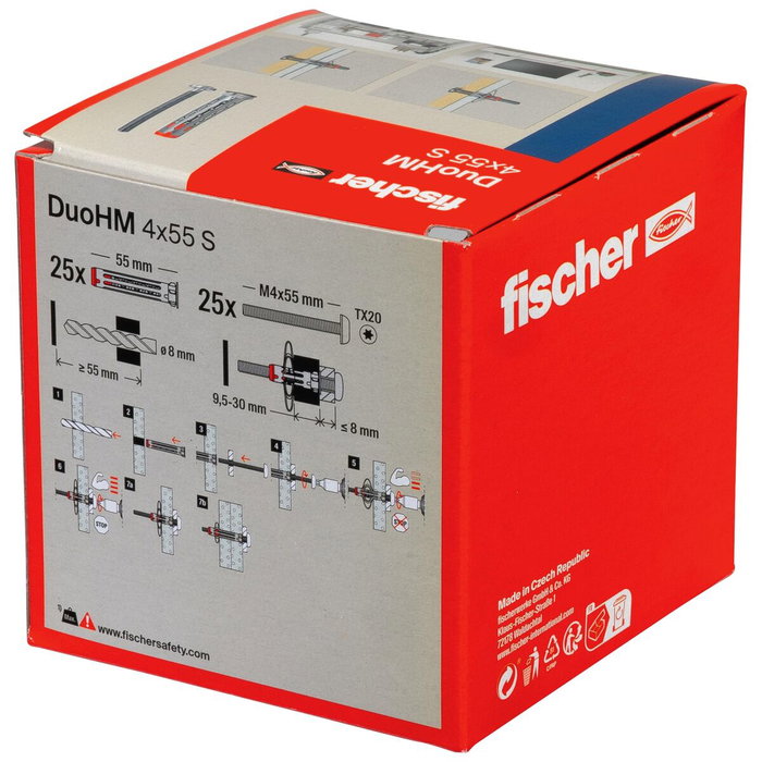 Fischer DuoHM Tacos de Expansión 4x55 mm con Tornillos 8x55 mm, 25 uds. (Placa de Yeso)