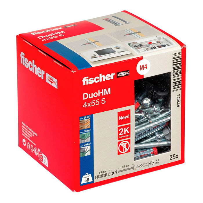 Fischer Tacos Duo HM ø4 x 55 mm + Tornillos ø8 x 55 mm Caja 25 Unidades Fischer Tacos Duo HM ø4 x 55 mm + Tornillos ø8 x 55 mm Caja 25 Unidades