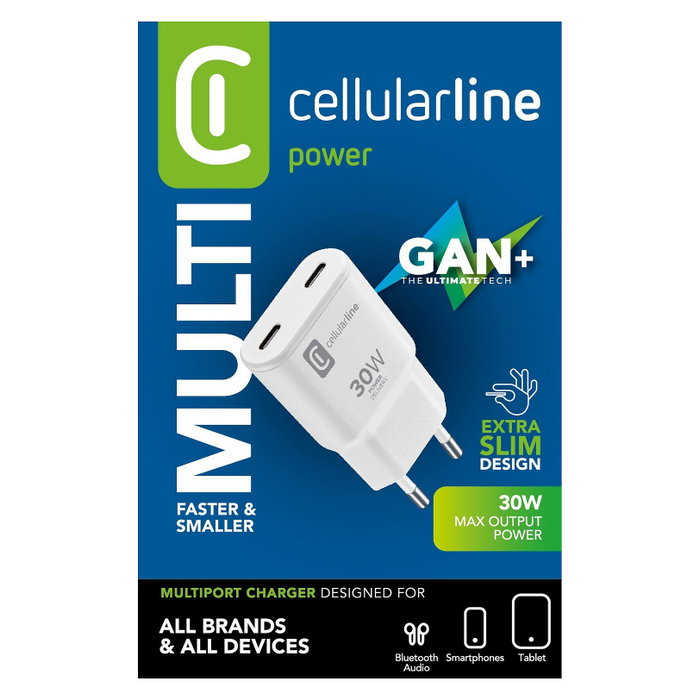 Cellularline Cargador de Pared GAN SLIM 30W 2xUSB-C Blanco Cellularline Cargador de Pared GAN SLIM 30W 2xUSB-C Blanco