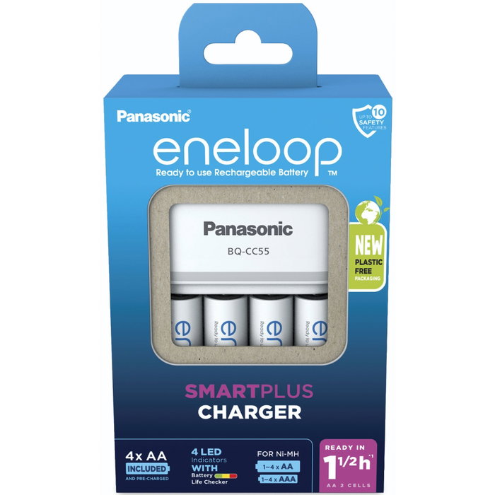 Panasonic Eneloop Smart Plus BQ-CC55 con 4 baterías AA de 2000 mAh Panasonic Eneloop Smart Plus BQ-CC55 con 4 baterías AA de 2000 mAh
