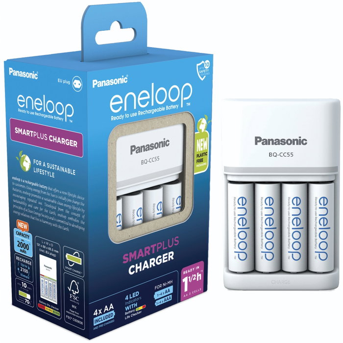 Panasonic Eneloop Smart Plus BQ-CC55 con 4 baterías AA de 2000 mAh Panasonic Eneloop Smart Plus BQ-CC55 con 4 baterías AA de 2000 mAh