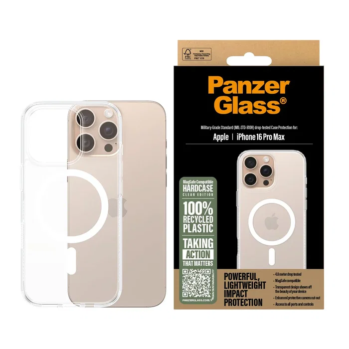 PanzerGlass® HardCase Transparente con MagSafe Blanco para Apple iPhone 16 Pro Max - Funda TPU resistente a golpes y rayones con certificación militar MIL-STD-810H