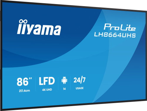 Iiyama LH8664UHS-B3AG Monitor de Señalización Digital 86" 4K UHD IPS 450 cd/m² 24/7, Android 14 OS, 2x Altavoces 16W, 2x HDMI, USB-C, WiFi, LAN, VESA 800x600