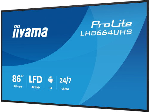 Iiyama LH8664UHS-B3AG Monitor de Señalización Digital 86" 4K UHD IPS 450 cd/m² 24/7, Android 14 OS, 2x Altavoces 16W, 2x HDMI, USB-C, WiFi, LAN, VESA 800x600