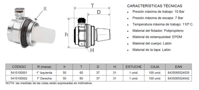 BOYA Purgador de Radiador de Aire Automático 1 Pulgada Derecha