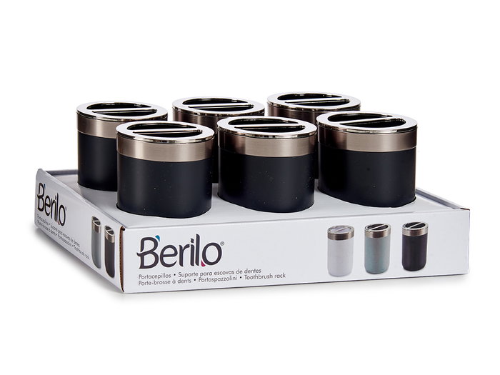 Berilo Portacepillos Plateado Negro Plástico 7.7x11.5x7.7 cm (Set de 12)