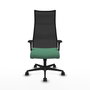 Sillón Albacete con mecanismo Sincro tapizada con Tela color Verde esmeralda y malla color Negro. Equipado con Base nailon negra, Brazos 1D y Ruedas 65mm nailon