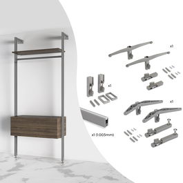 Emuca Kit de soportes para 1 estante de madera, 1 módulo y 1 barra de colgar de longitud 1m Zero, Zamak, Pintado Color gris piedra