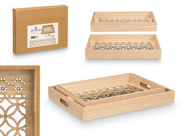 Giftdecor Set 2 Bandejas Rectangulares Circulos Madera y Vidrio Transparente 40x31x6.5 cm (Set de 6)