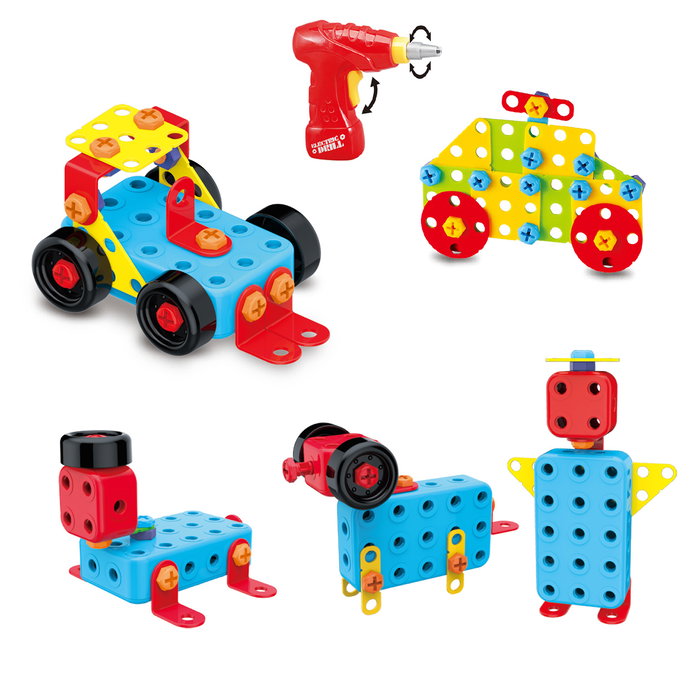 Tachan - Set de Construcciones con Destornillador Eléctrico, Maletín Zona de Juego para Creaciones 2D y 3D, Juguete Educativo para +3 años