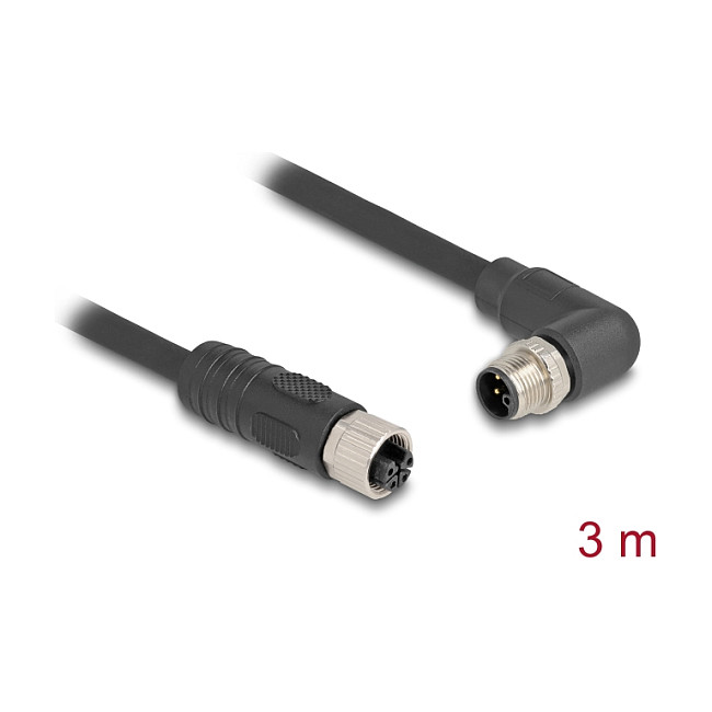 DeLOCK Cable M12 L-Codificado, 4 Pines, Conector Macho Angular Derecho a Conector Hembra Recto, PUR, Para Cadena Portacables, 3 m, Negro, Ref. 80530