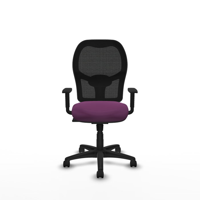 Silla de oficina Alocén con mecanismo Sincro tapizada con Similpiel color Morado y malla color Negro. Equipada con lumbar 1D, Brazos 1D y Ruedas de nailon 50 mm