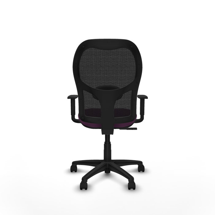 Silla de oficina Alocén con mecanismo Sincro tapizada con Similpiel color Morado y malla color Negro. Equipada con lumbar 1D, Brazos 1D y Ruedas de nailon 50 mm