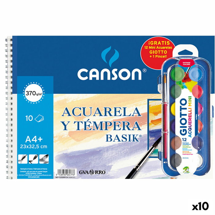 Canson Bloc Acuarela y Témpera Basik Espiral 10 Hojas + 12 Mini Acuarelas + Pincel Gratis