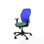 Silla de oficina Jorquera con mecanismo Sincro/Traslack tapizada con Tela color Verde esmeralda y malla color Azul. Equipada con lumbar 1D, Brazos 1D y Ruedas 65mm nailon