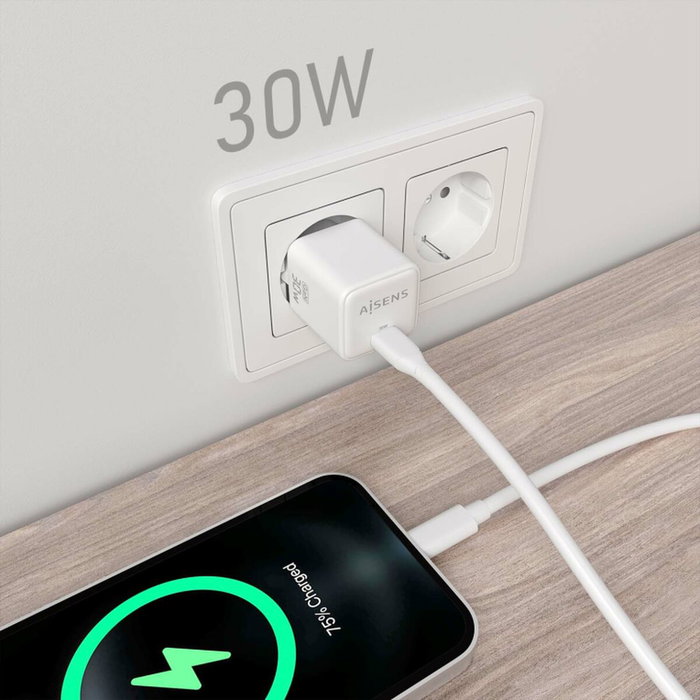 Aisens Cargador GaN 30W USB-C Blanco ASCH-30W1P035-W