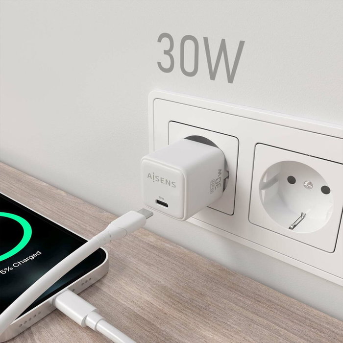 Aisens Cargador GaN 30W USB-C Blanco ASCH-30W1P035-W