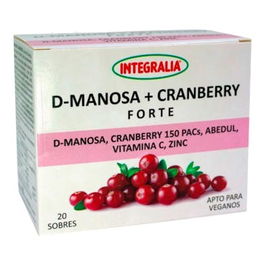 INTEGRALIA D-Manosa + Cranberry Plus 20 Sobres - Sistema Urinario, Antioxidante, Vegano, Vitamina C y Zinc