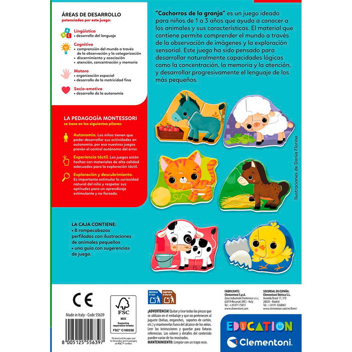 Clementoni 55639 - Cachorros De La Granja, Puzzle Infantil Montessori para +12 Meses, Puzzle Progresivo 2, 3 y 4 Piezas, Juego Educativo en Español