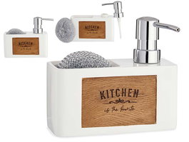 Kinvara Dispensador Soporte Esponja Blanco y Marrón, Grabado en Madera y Poli Resina, Incluye Estropajo, 14.8x13.8x6.7 cm (Set de 12)