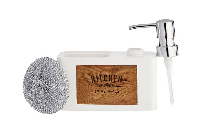 Kinvara Dispensador Soporte Esponja Blanco y Marrón, Grabado en Madera y Poli Resina, Incluye Estropajo, 14.8x13.8x6.7 cm (Set de 12)