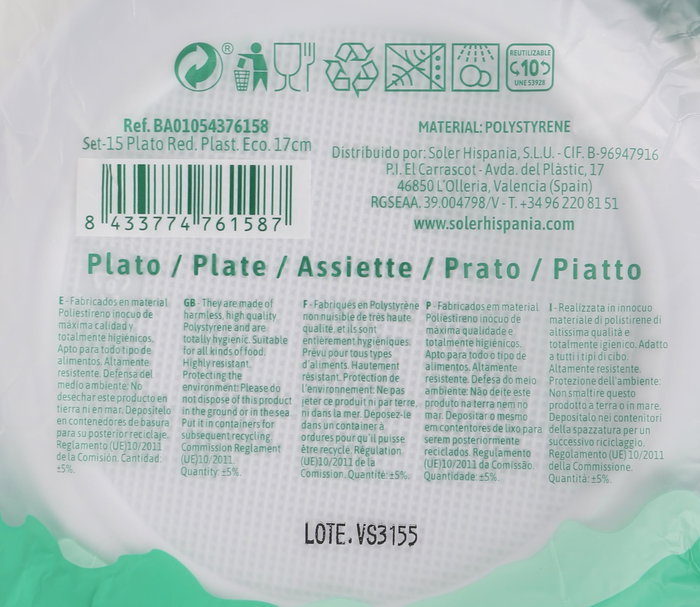 Algon Set de 15 Platos Rojos Ecológicos de Plástico, 17 cm de Diámetro, Dimensiones: 22.3 x 19 x 3.8 cm (36 Unidades)