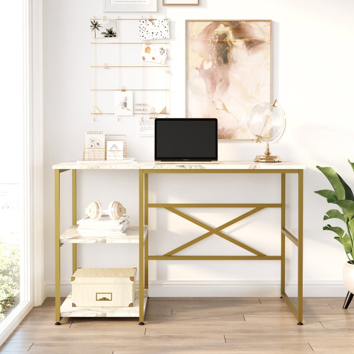 Hanah Home Mesa de estudio Vg23-Ge, Mármol Blanco y Dorado, 120x75x60 cm Hanah Home Mesa de estudio Vg23-Ge, Mármol Blanco y Dorado, 120x75x60 cm