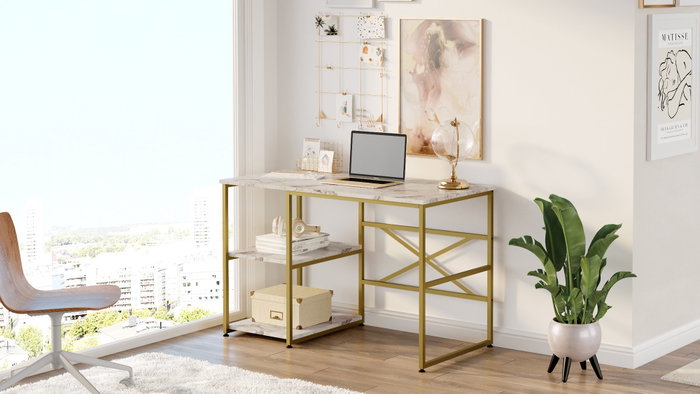 Hanah Home Mesa de estudio Vg23-Ge, Mármol Blanco y Dorado, 120x75x60 cm Hanah Home Mesa de estudio Vg23-Ge, Mármol Blanco y Dorado, 120x75x60 cm