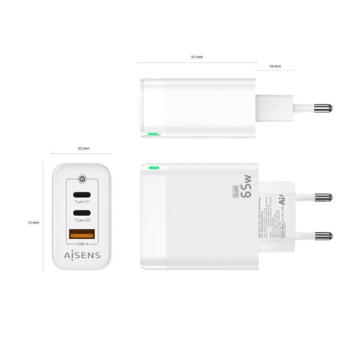 Aisens Cargador GaN 65W Blanco con 2xUSB-C y 1xUSB-A Aisens Cargador GaN 65W Blanco con 2xUSB-C y 1xUSB-A