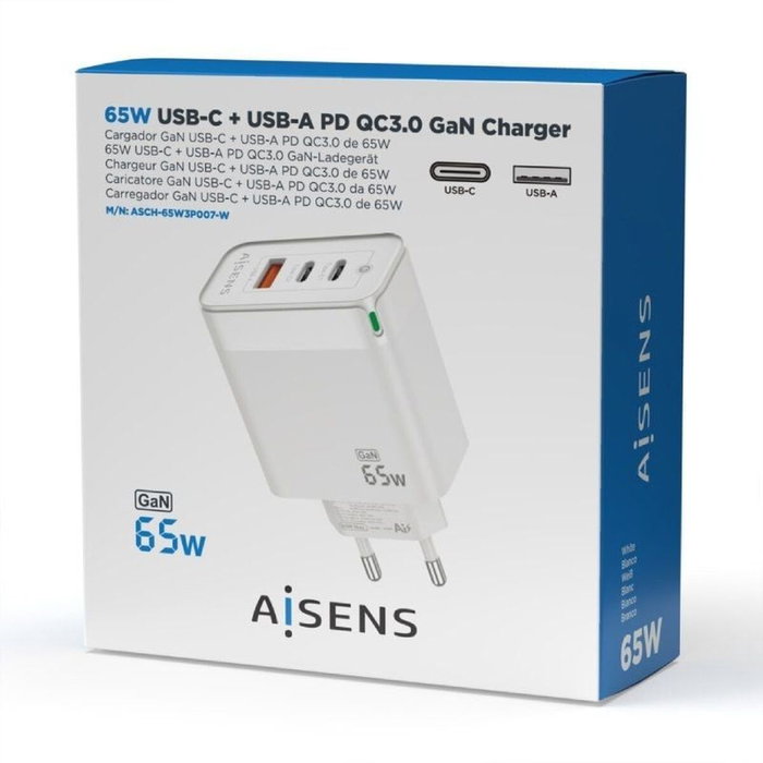 Aisens Cargador GaN 65W Blanco con 2xUSB-C y 1xUSB-A Aisens Cargador GaN 65W Blanco con 2xUSB-C y 1xUSB-A
