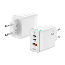 AISENS - CARGADOR GAN 65W, 2XUSB-C PD3.0 QC4.0, 1XUSB-A QC3.0, BLANCO