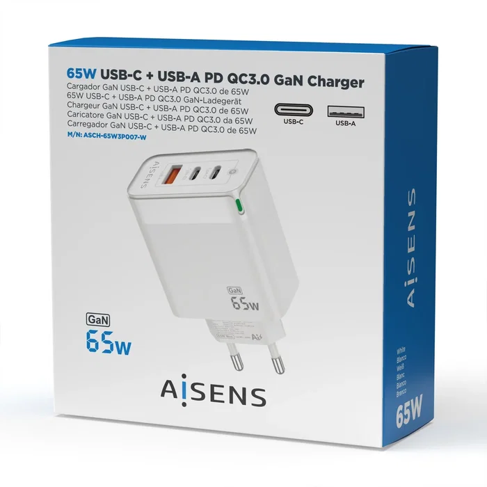 Aisens Cargador GaN 65W Blanco con 2xUSB-C y 1xUSB-A