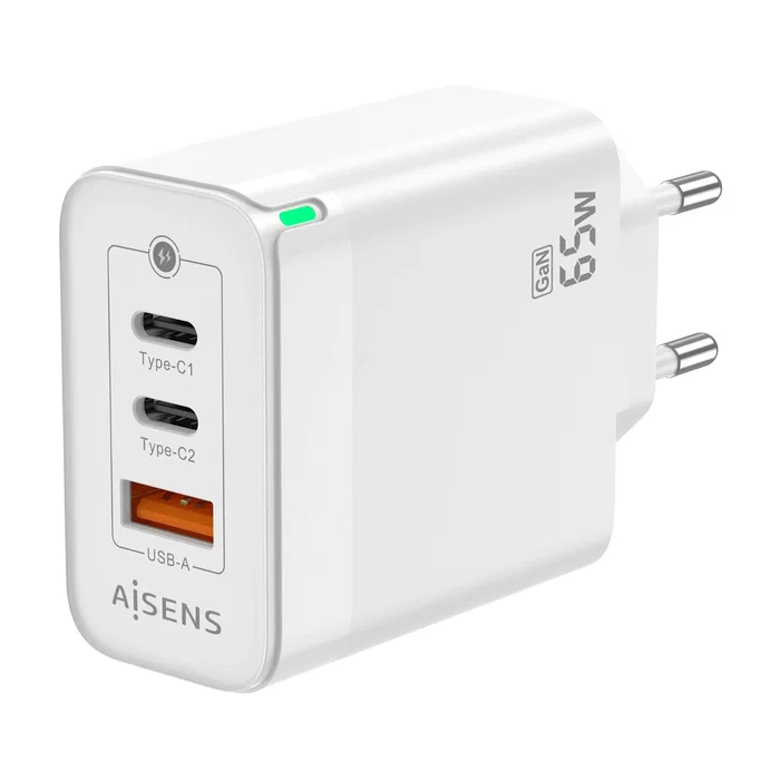 Aisens Cargador GaN 65W Blanco con 2xUSB-C y 1xUSB-A