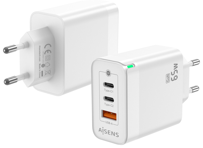 Aisens Cargador GaN 65W Blanco con 2xUSB-C y 1xUSB-A Aisens Cargador GaN 65W Blanco con 2xUSB-C y 1xUSB-A
