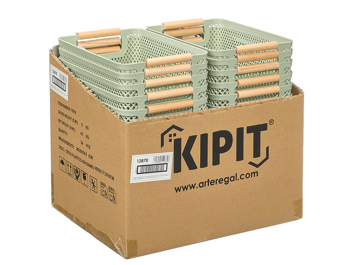 Kipit Cesta de Plástico PP con Asa de Bambú Verde, Dimensiones 27.5x18x12.5 cm (Set de 24)