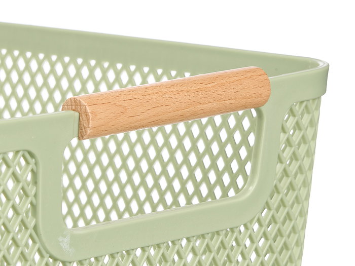 Kipit Cesta de Plástico PP con Asa de Bambú Verde, Dimensiones 27.5x18x12.5 cm (Set de 24)
